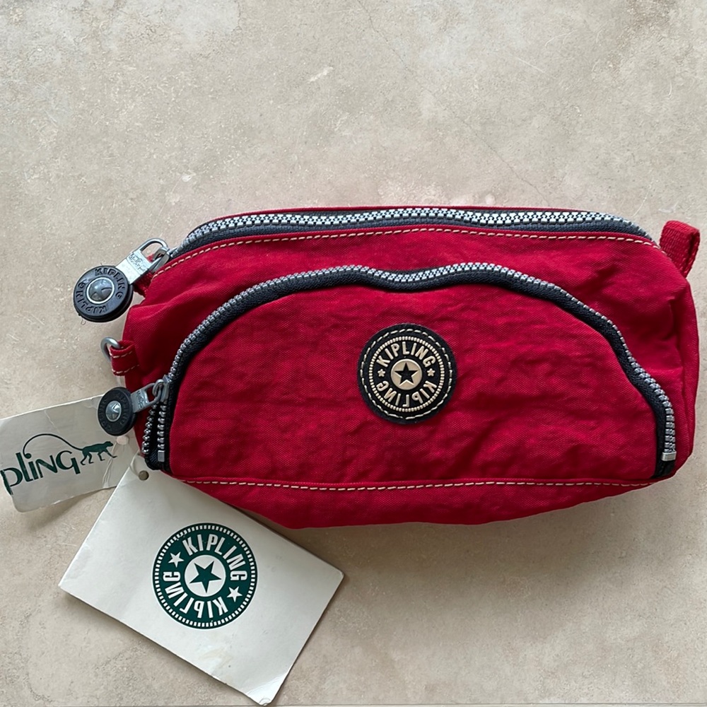 Vintage KIPLING Makeup Cosmetic Pencil Case Wallet Bag Red 2 Zipper Compartments